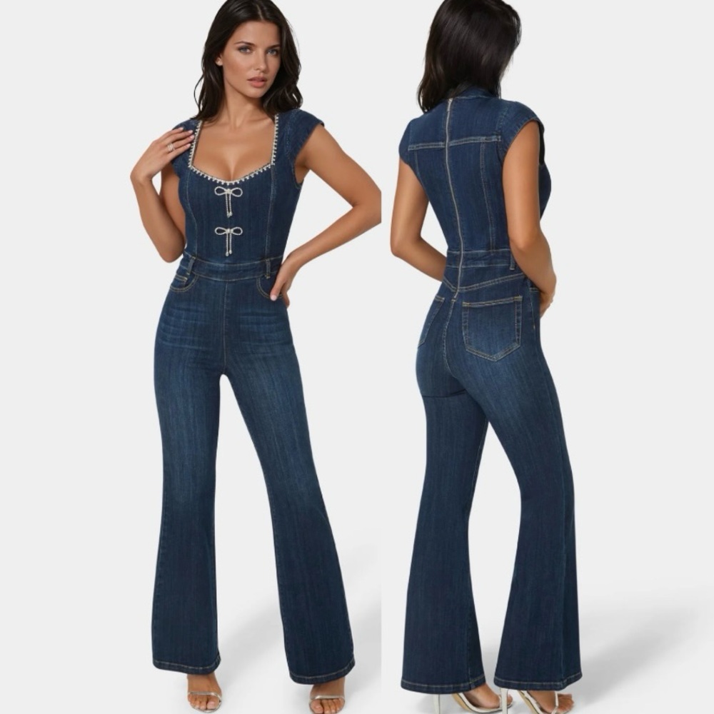 Bebe Flare Leg Denim Jumpsuit